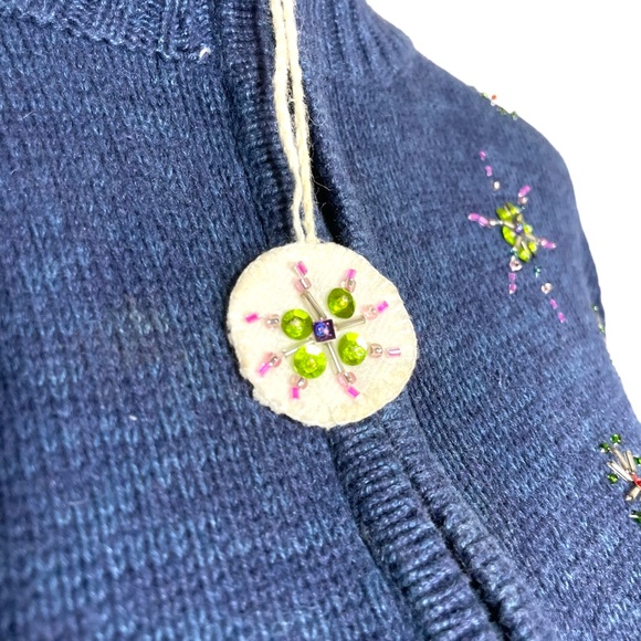 Christmas Village Sweater PS Petite S Embroidered Beaded Sequin Navy Rainbow - Picture 7 of 14